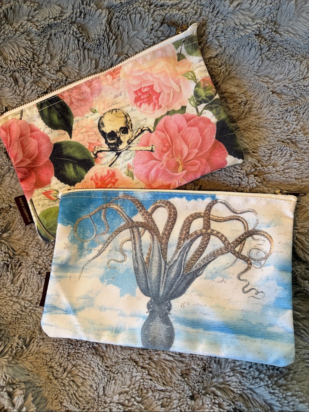 Tokyo Milk Floral w Skull & Octopus Canvas Zip Pouches - Pink and Blue